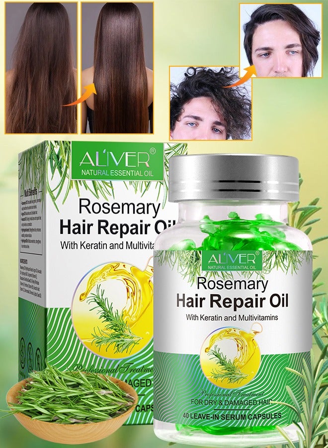 ALIVER 40 Pcs Rosemary Hair Repair Oil Capsules Organic Rosemary Essential Oil with Keratin & Multivitamins Rosemary Hair Repair Oil Shines Nourishing Repair Dry & Damaged Hair Treatment Leave-In Serum - Image 1