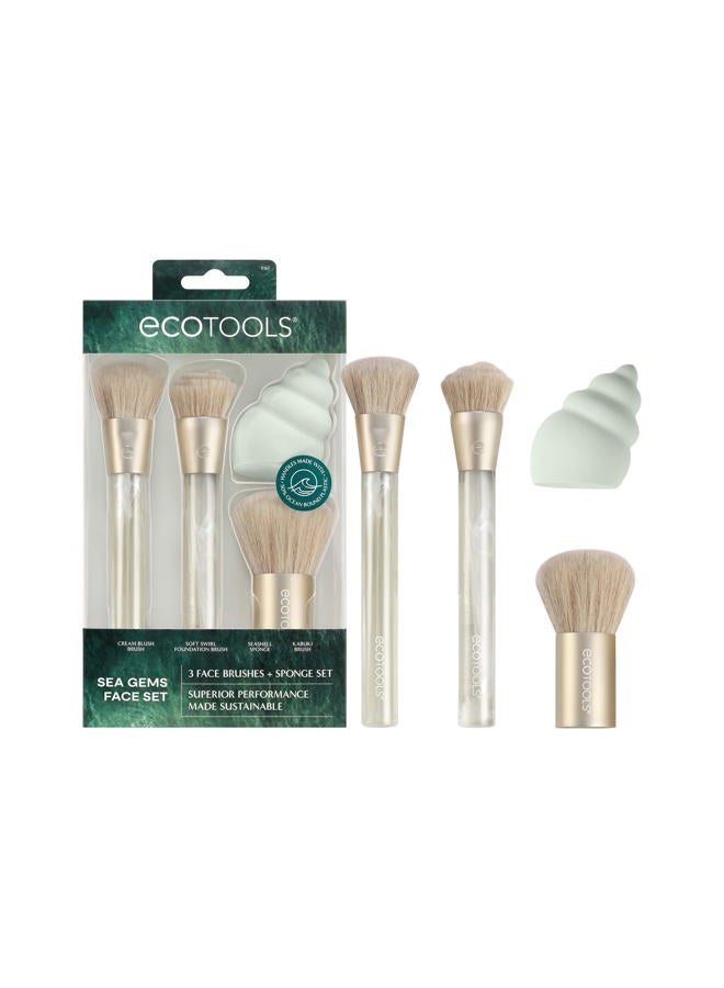 Ecotools Sea Gems Face Makeup Brush & Sponge 4 Piece Set, Eco-Friendly Makeup Brushes & Makeup Sponge, For Foundation, Blush, Contour, & Setting Powder, Recycled Plastic, Cruelty-Free Tools - Image 1