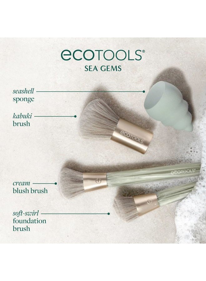 Ecotools Sea Gems Face Makeup Brush & Sponge 4 Piece Set, Eco-Friendly Makeup Brushes & Makeup Sponge, For Foundation, Blush, Contour, & Setting Powder, Recycled Plastic, Cruelty-Free Tools - Image 3