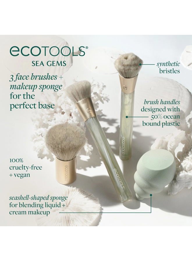 Ecotools Sea Gems Face Makeup Brush & Sponge 4 Piece Set, Eco-Friendly Makeup Brushes & Makeup Sponge, For Foundation, Blush, Contour, & Setting Powder, Recycled Plastic, Cruelty-Free Tools - Image 2
