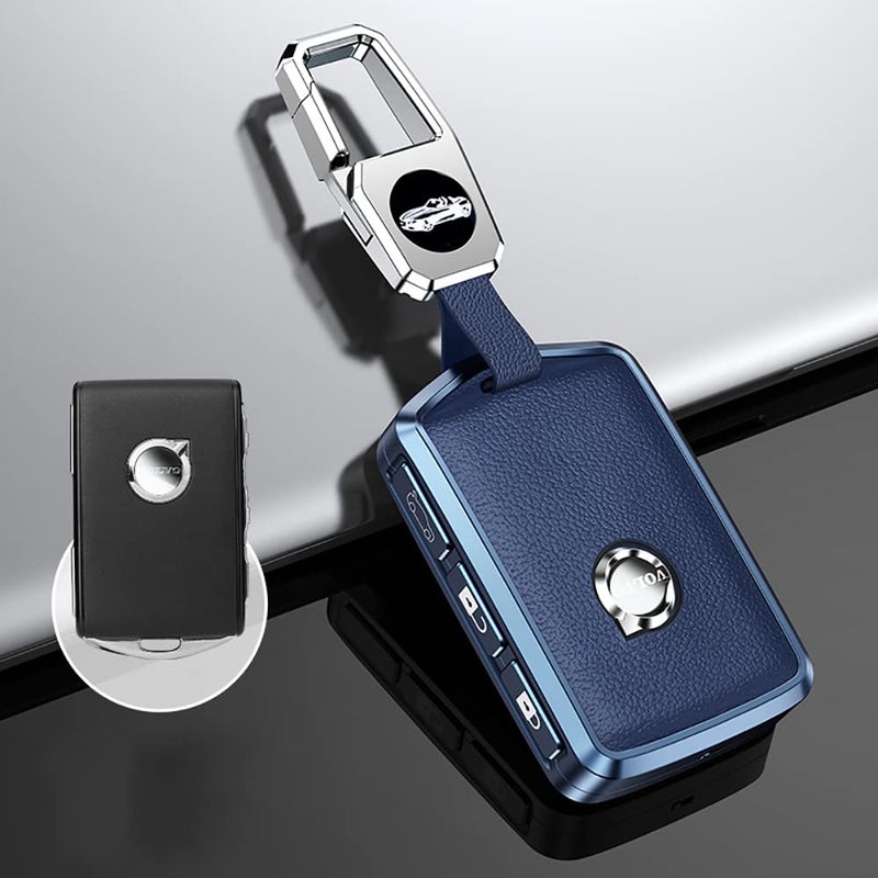 ontto Leather Key Fob Cover with Keychain Stylish Key Case Full Protection Fit for Volvo XC90 S90 XC60 2018 2019 Blue - Image 2