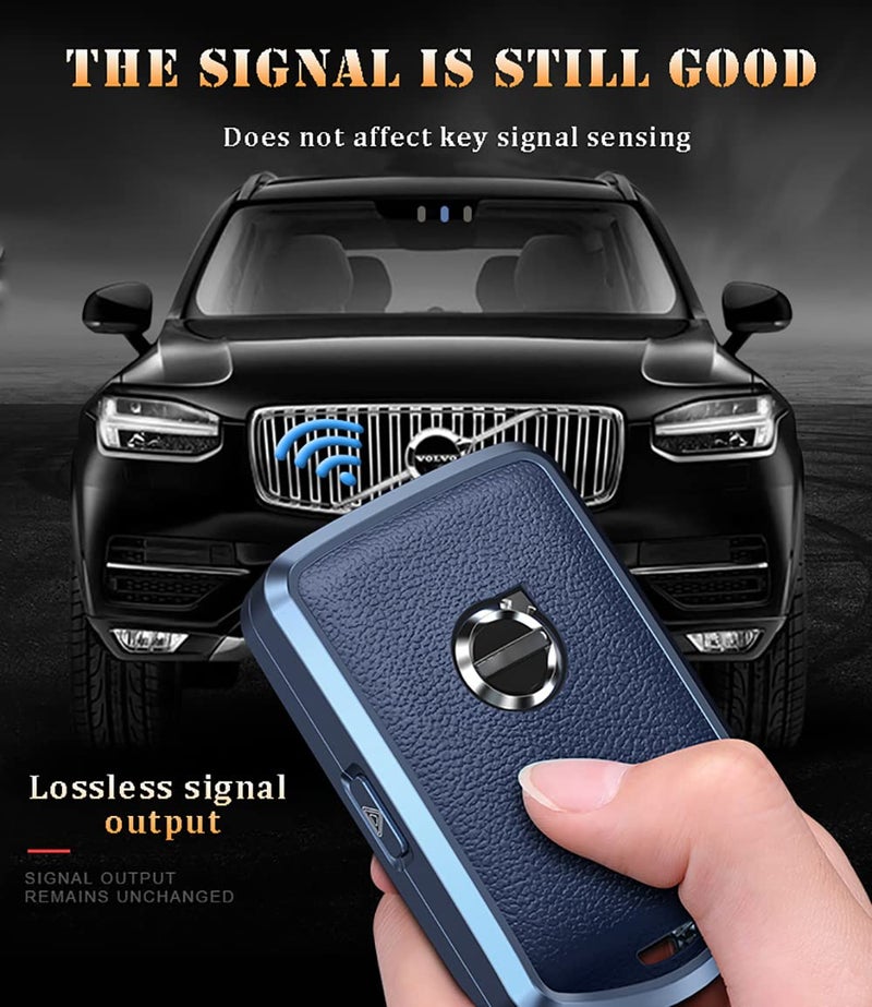 ontto Leather Key Fob Cover with Keychain Stylish Key Case Full Protection Fit for Volvo XC90 S90 XC60 2018 2019 Blue - Image 4