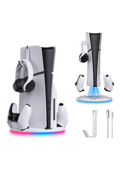 Vertical Stand for PS5 Slim Console Optical/Digital Dual Charger Charging Station for PS5 Controller Playstation5 Slim Gamepad Charger with Headphone Stand