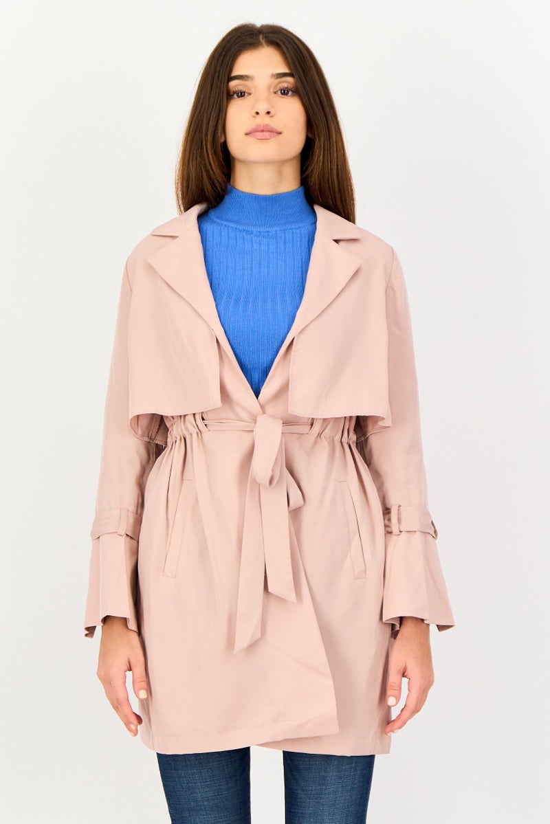 SELECTED Women Lapel Collar Solid Light Belted Trench Coat, Pale Pink - Image 1