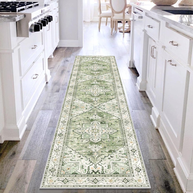 Yamaziot Washable Runner Rug, 2x8 Non-Slip Boho Vintage Hallway Rug Runner with Rubber Backing, Stain Resistant & Low Pile Faux Wool Distressed Carpet Runner for Kitchen, Laundry, Entrance, Sage Green - Image 1