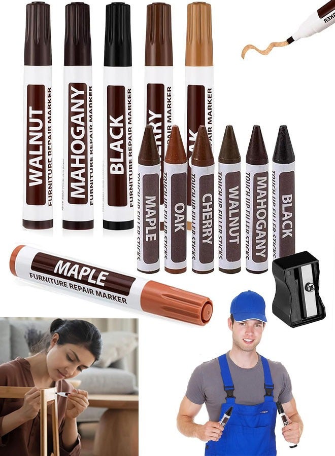 Furniture Repair Kit, 13 Pcs Wood Filler Floor Scratch Repair Kits, Wood Markers and Wax Sticks with Sharpener Kit for Stains, Scratches, Wood Floors, Tables, Carpenters, Bedposts, Touch Ups and Cover Ups - Image 1