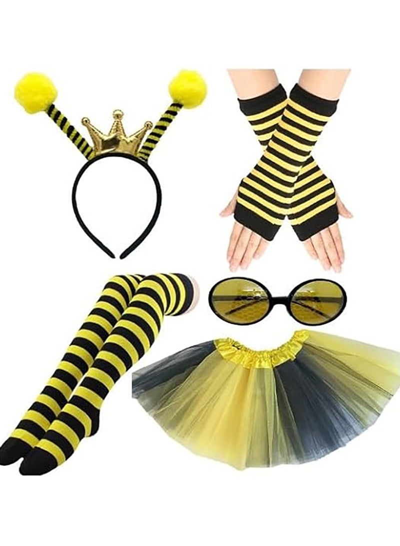 VUCATIN طقم زي النحلة، 5 قطع زي النحلة، عصابة رأس صفراء، نظارات شمسية، تنورة توتو، جوارب مخططة، قفازات طويلة لحفلات التنكر - Image 1