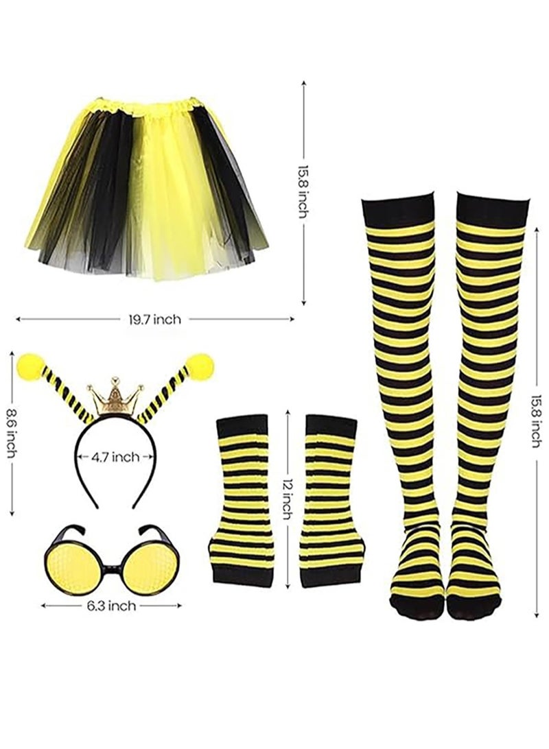 VUCATIN طقم زي النحلة، 5 قطع زي النحلة، عصابة رأس صفراء، نظارات شمسية، تنورة توتو، جوارب مخططة، قفازات طويلة لحفلات التنكر - Image 3