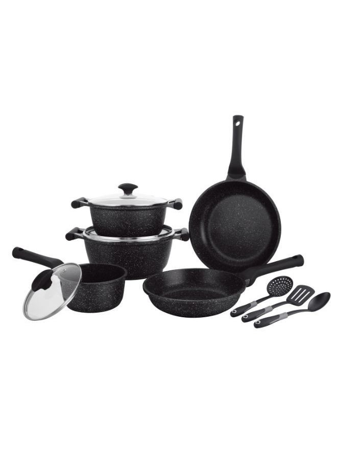 Prestige Essentials Nonstick Pots and Pans Set | Induction Cookware Set 11 Pieces | Non Stick Set Combo | Granite Cooking Set | Fry Pan Non Stick Combo Set - Black 