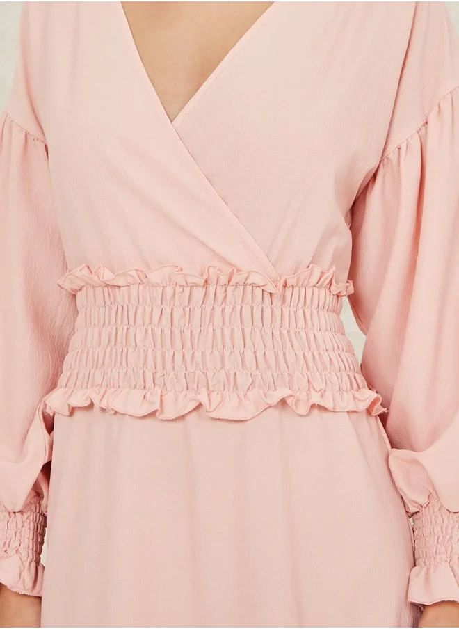 ستايلي Bishop Sleeves Shirred Waist A-Line Midi Dress