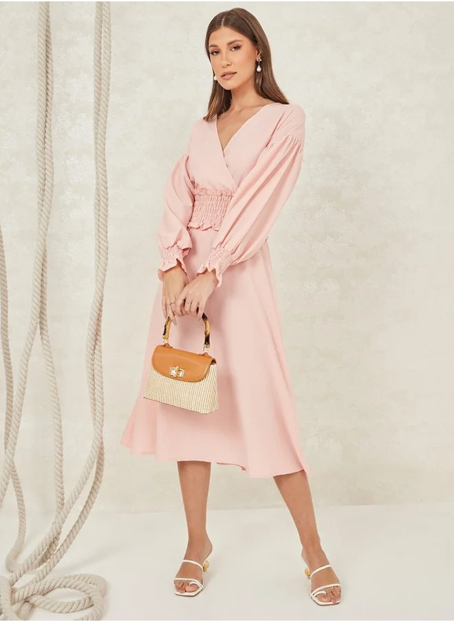 Styli Bishop Sleeves Shirred Waist A-Line Midi Dress