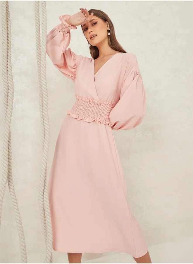 Styli Bishop Sleeves Shirred Waist A-Line Midi Dress