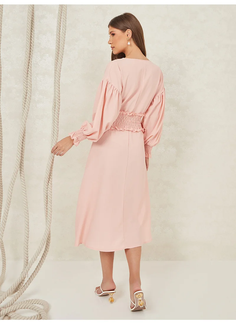 ستايلي Bishop Sleeves Shirred Waist A-Line Midi Dress