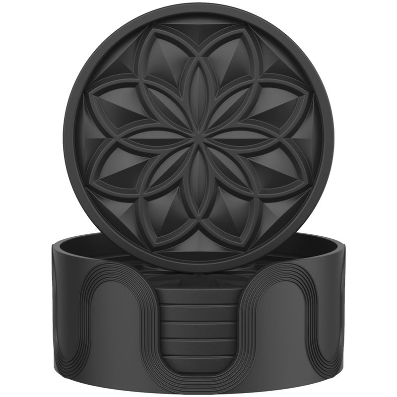 HFHOME Silicone Coasters Set with Holder - 6 Pack Drink Coasters for Coffee Table, Bar, Desk - Tabletop Protection Gift - Black - Image 1