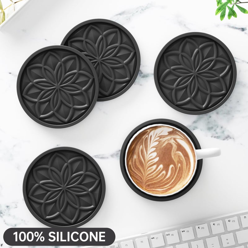 HFHOME Silicone Coasters Set with Holder - 6 Pack Drink Coasters for Coffee Table, Bar, Desk - Tabletop Protection Gift - Black - Image 2