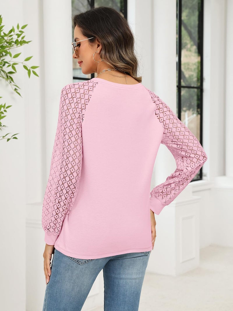 Minetom Women's Lace Long Sleeve Tops Henley Shirts Casual Blouses T Shirts Fall Clothes Light Pink - Image 5