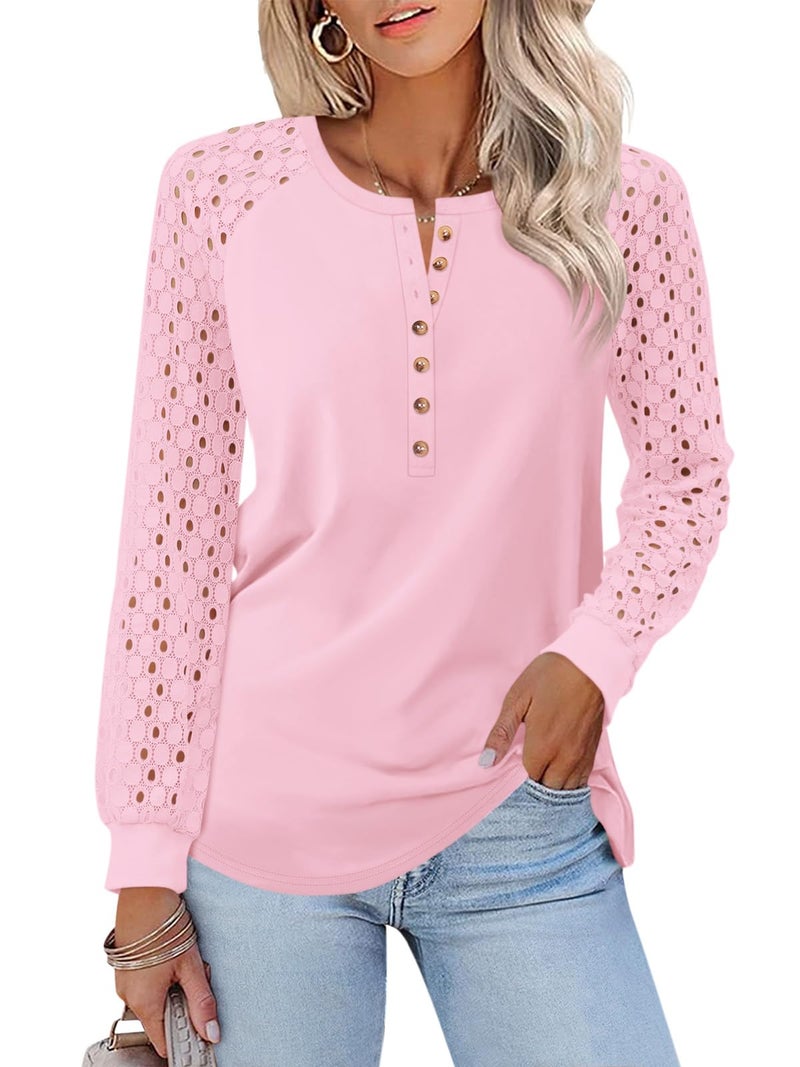 Minetom Women's Lace Long Sleeve Tops Henley Shirts Casual Blouses T Shirts Fall Clothes Light Pink - Image 1