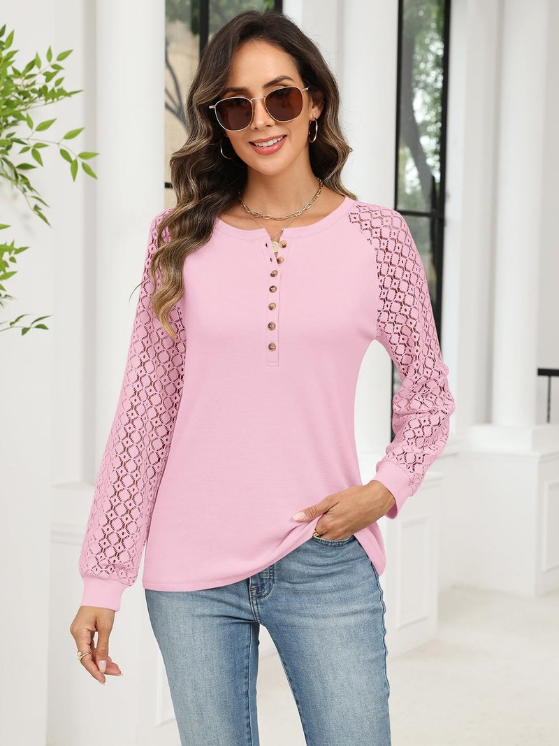 Minetom Women's Lace Long Sleeve Tops Henley Shirts Casual Blouses T Shirts Fall Clothes Light Pink - Image 3