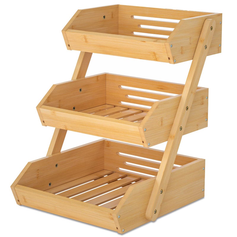 Merysen Large 3 Tier Bamboo Fruit Basket Stand for Kitchen Countertop Fruit Holder Suitable for Bread Vegetables Produce Home Storage and Display