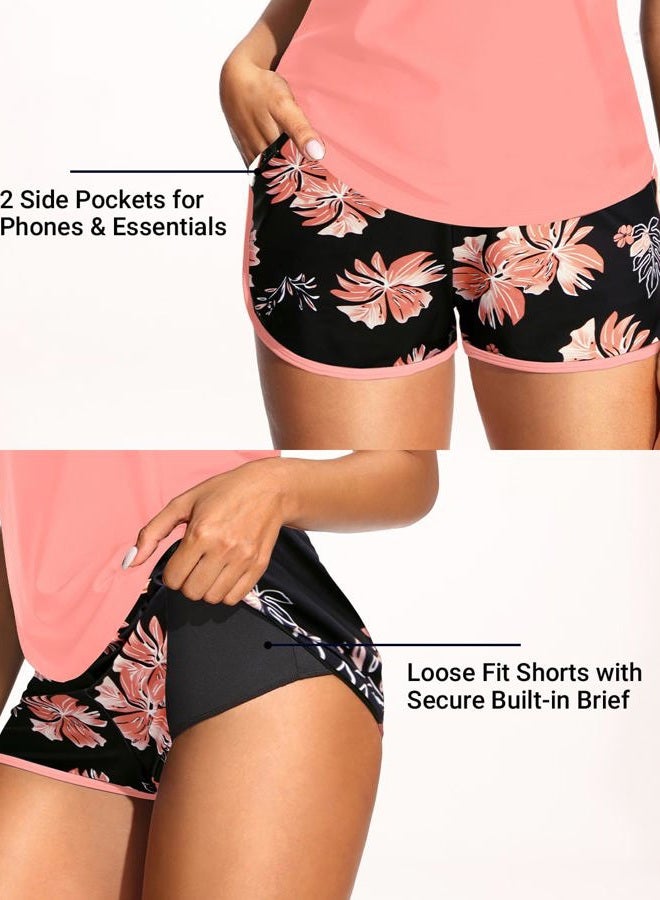 Daci 3 Piece Tankini Swimsuits for Women - Tummy Control Athletic Bathing Suit Sport Bra Modest 2 Pockets Boyshorts 2025, Orange Floral, L - Image 4
