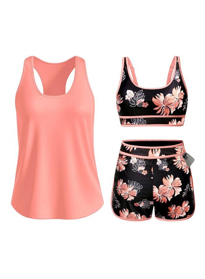 Daci 3 Piece Tankini Swimsuits for Women - Tummy Control Athletic Bathing Suit Sport Bra Modest 2 Pockets Boyshorts 2025, Orange Floral, L - Image 1