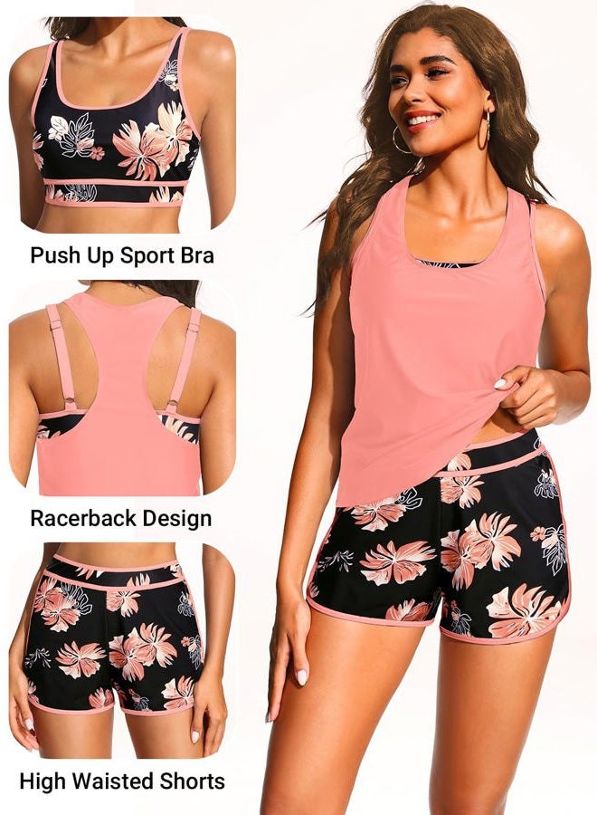 Daci 3 Piece Tankini Swimsuits for Women - Tummy Control Athletic Bathing Suit Sport Bra Modest 2 Pockets Boyshorts 2025, Orange Floral, L - Image 3