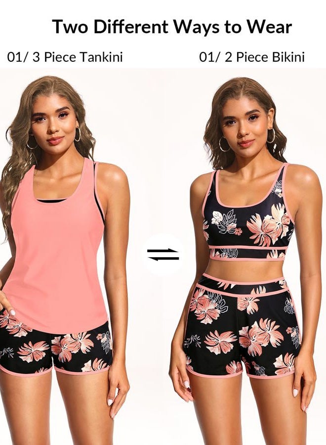 Daci 3 Piece Tankini Swimsuits for Women - Tummy Control Athletic Bathing Suit Sport Bra Modest 2 Pockets Boyshorts 2025, Orange Floral, L - Image 2