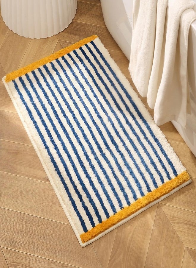 GIB cleaningtool GIB Blue and White Striped Bathroom Rug Mat 32" x 20", Yellow Accent, Extra Soft Absorbent Non-Slip Washable Plush Fluffy Shaggy Microfiber Bath Mat, Aesthetic Runner Rug for Bedroom - Image 1