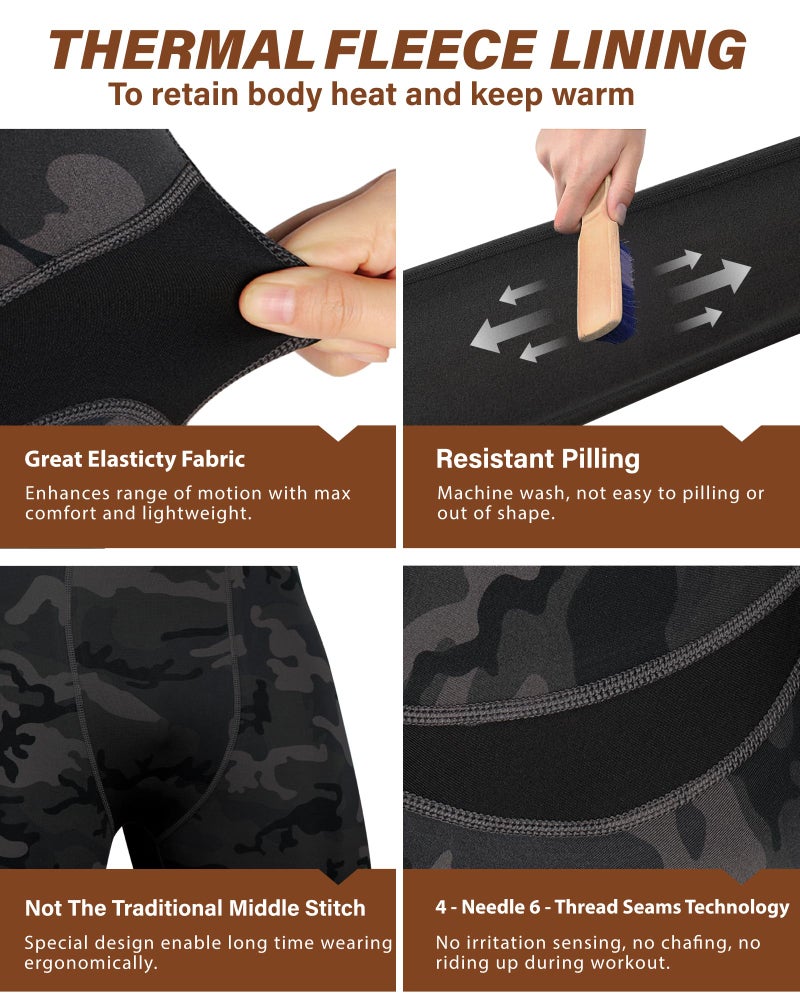 Muezna Men's Thermal Top and Bottom Set Underwear Long Johns Base Layer with Soft Fleece Lined - Black & Camo 2-Pairs, Medium - Image 2