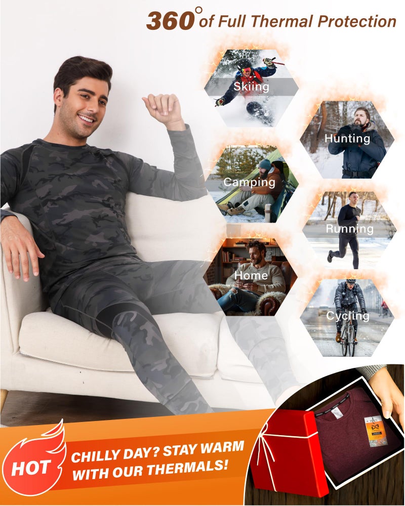 Muezna Men's Thermal Top and Bottom Set Underwear Long Johns Base Layer with Soft Fleece Lined - Black & Camo 2-Pairs, Medium - Image 4