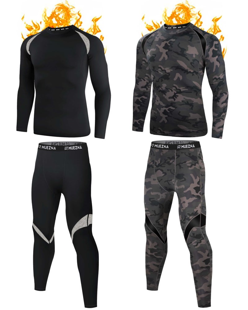 Muezna Men's Thermal Top and Bottom Set Underwear Long Johns Base Layer with Soft Fleece Lined - Black & Camo 2-Pairs, Medium - Image 1