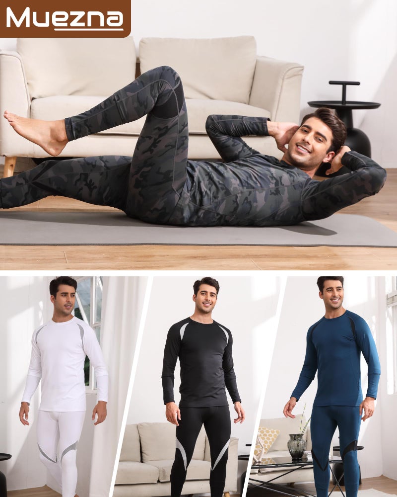 Muezna Men's Thermal Top and Bottom Set Underwear Long Johns Base Layer with Soft Fleece Lined - Black & Camo 2-Pairs, Medium - Image 5