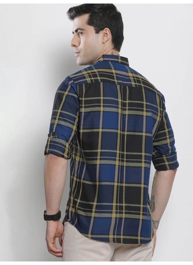 The Indian Garage Co Blue Regular Fit Casual Checked Cutaway Collar Full Sleeves Cotton Shirt