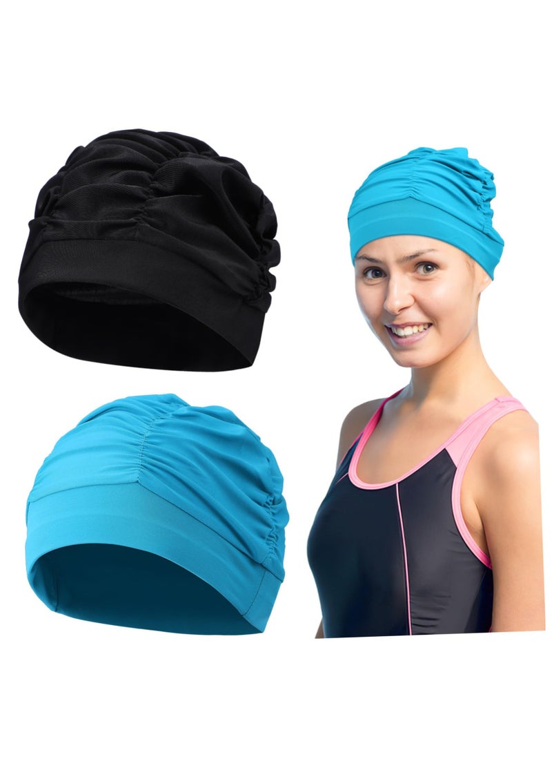 ZERIFAM Swim Cap for Women, 2 Pcs Fabric Swim Caps, Breathable Cloth Pleated Elastic Comfort Swimming Cap for Long Hair Keep Hairstyle  - Image 1