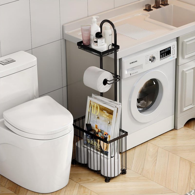 Xcosrack Freestanding Toilet Paper Holder Toilet Tissue Rack Scroll Stand Roll Dispenser with Storage Shelf Reserve for Phone Tablet Magazine Bathroom Organizer Bath Tissue Organizer (Black) - Image 1