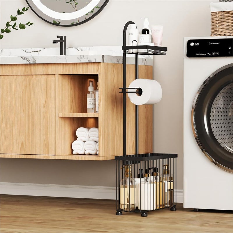 Xcosrack Freestanding Toilet Paper Holder Toilet Tissue Rack Scroll Stand Roll Dispenser with Storage Shelf Reserve for Phone Tablet Magazine Bathroom Organizer Bath Tissue Organizer (Black) - Image 3