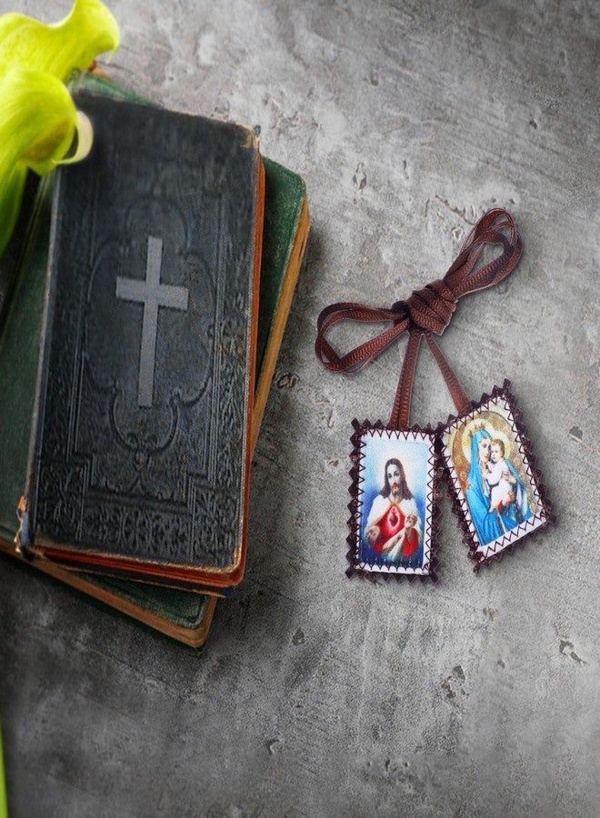 كومي KOMI Scapular Catholic، عبوة من 3 قطع من الأوشحة بالجملة، قلب يسوع الأقدس مع سيدة جبل الكرمل، Catolicos Brown Scapulars Catholic Necklace - Image 4