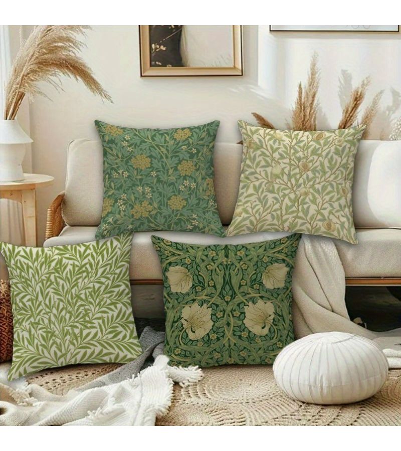Set Of 4 Vintage Floral Cushions With Green Birds 20x20 Inch For Living Room Sofa - Image 2