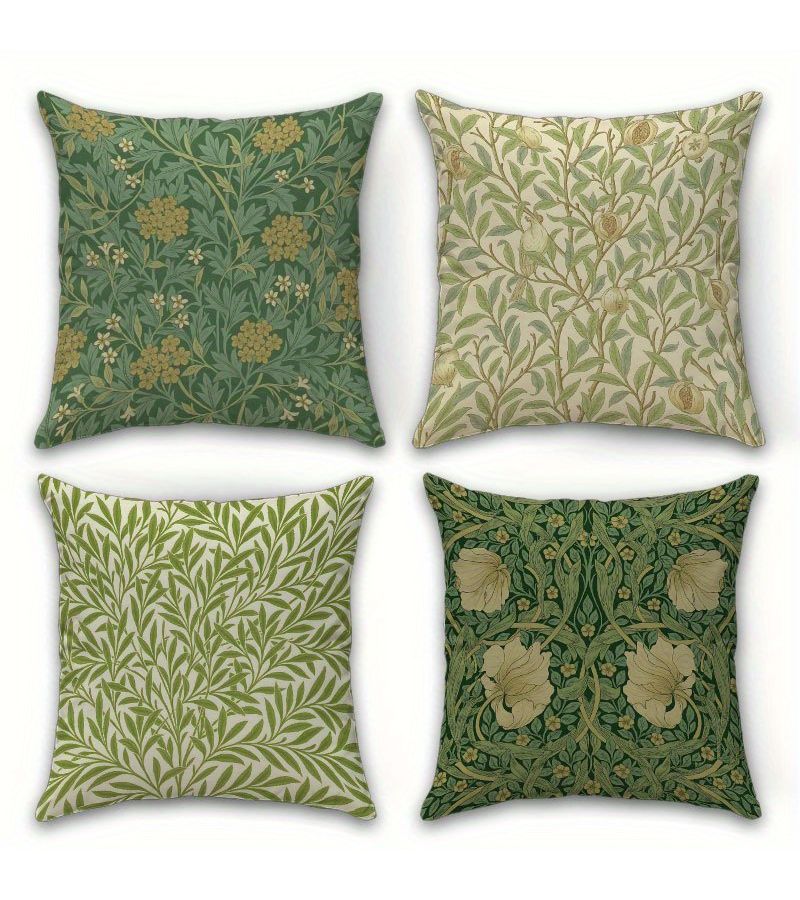 Set Of 4 Vintage Floral Cushions With Green Birds 20x20 Inch For Living Room Sofa - Image 1