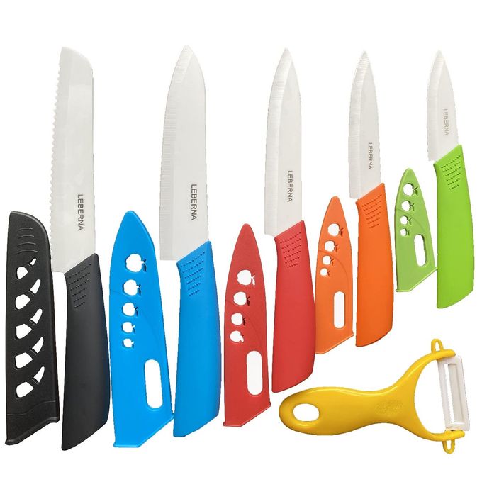 Leberna Ceramic Knife Set Ceramic Knives Set For Kitchen Ceramic Kitchen Knives Colored W Sheath 6" Bread Knife 6" Chef Knife 5" Utility Knife 4" Fruit Knife 3" Paring Knife 1 Peeler Colorful Rust Free Proof - Image 4