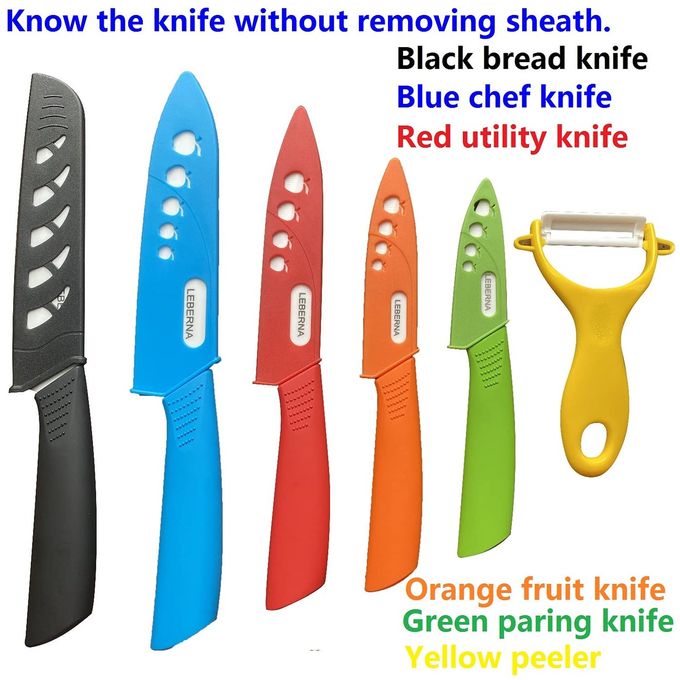 Leberna Ceramic Knife Set Ceramic Knives Set For Kitchen Ceramic Kitchen Knives Colored W Sheath 6" Bread Knife 6" Chef Knife 5" Utility Knife 4" Fruit Knife 3" Paring Knife 1 Peeler Colorful Rust Free Proof - Image 5