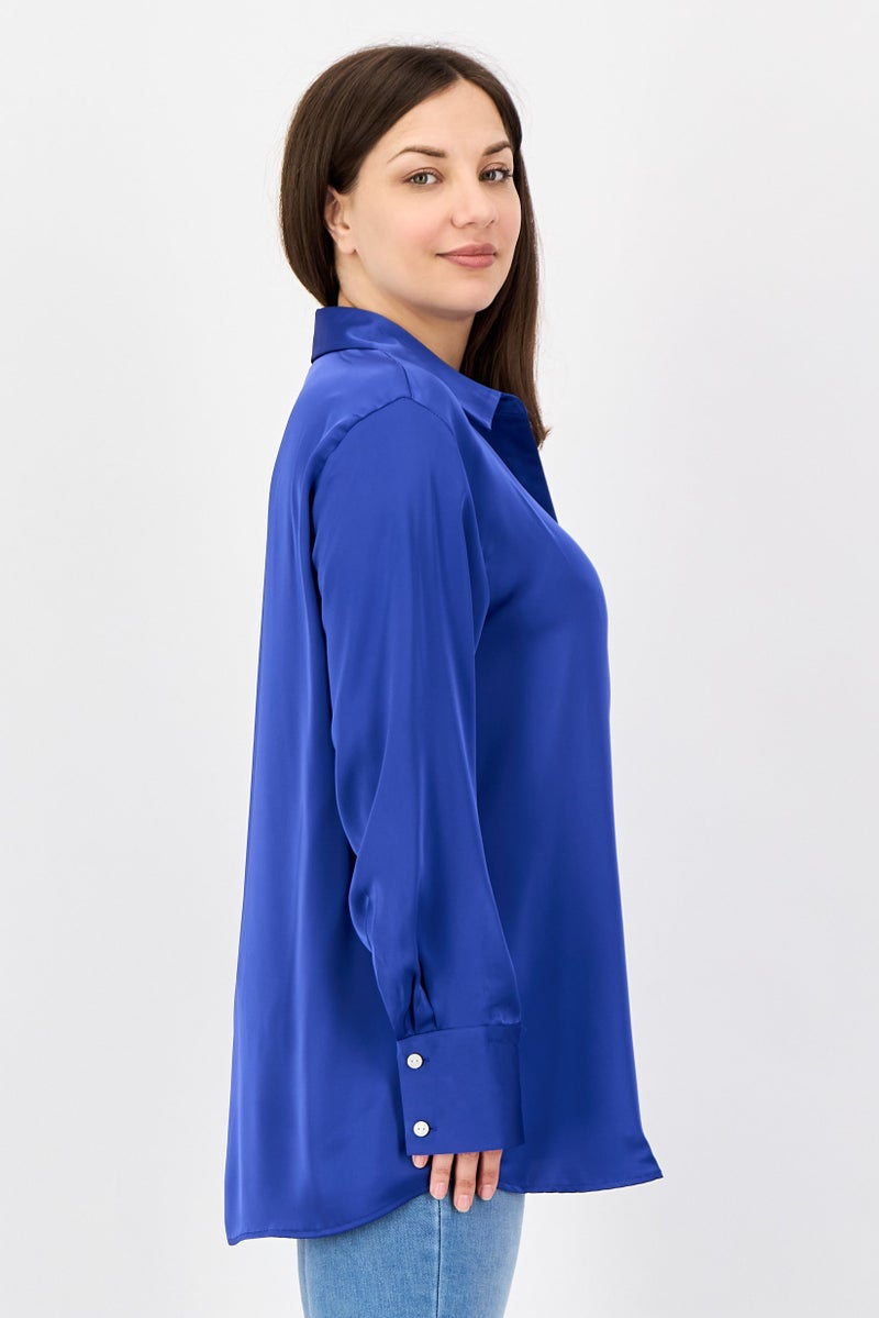 bebe Women Regular Fit Solid Long Sleeve Shirt, Blue - Image 4