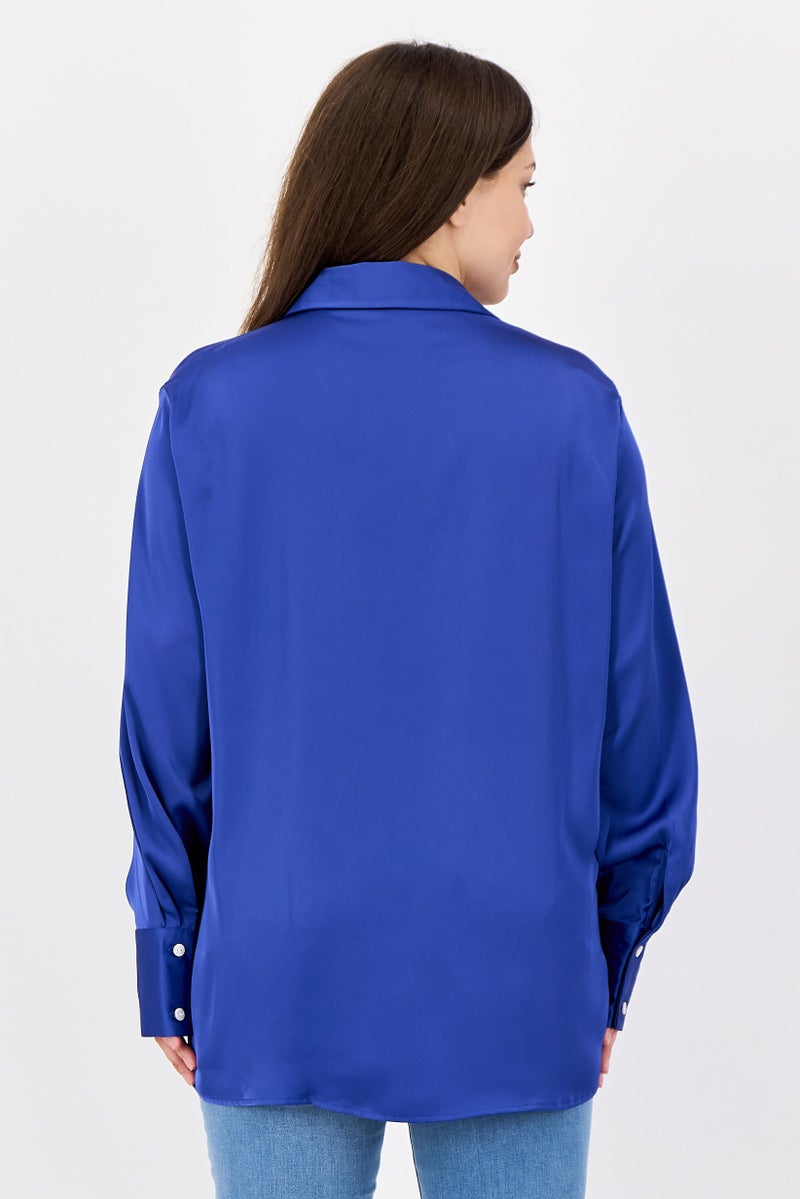 bebe Women Regular Fit Solid Long Sleeve Shirt, Blue - Image 2