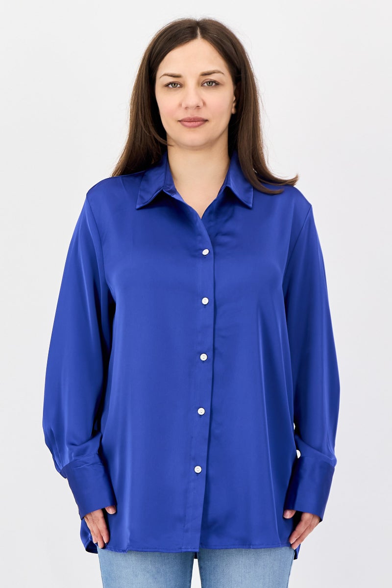 bebe Women Regular Fit Solid Long Sleeve Shirt, Blue - Image 1