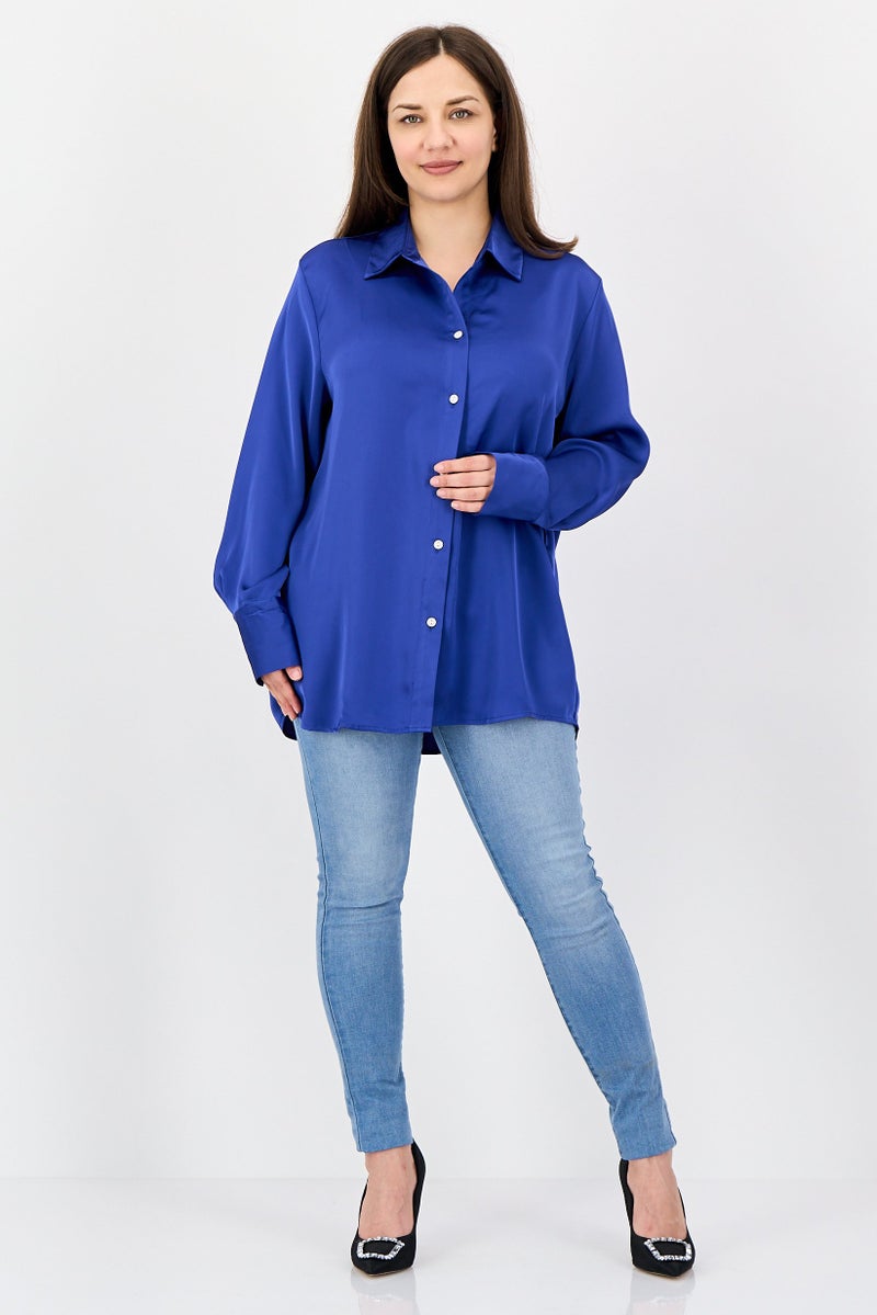 bebe Women Regular Fit Solid Long Sleeve Shirt, Blue - Image 3