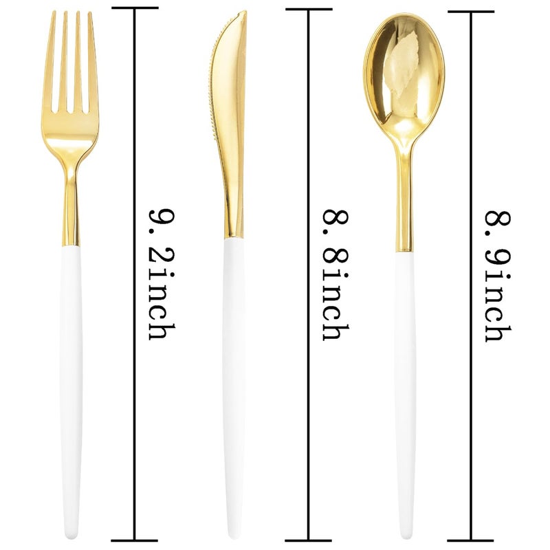 Rubtlamp 96 Pcs Gold Plastic Silverware  Gold Plastic Utensils with White Handle  Cutlery Set Disposable Includes: 32 Knives  32 Plastic Spoons And 32 Forks for Wedding And Party - Image 2