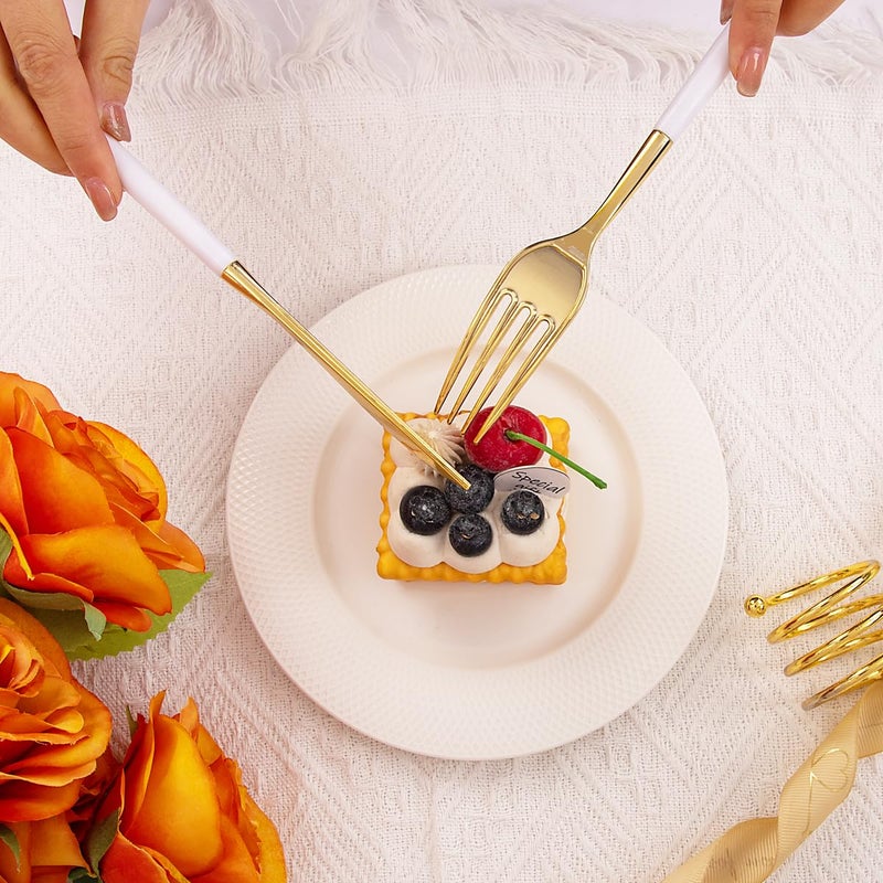 Rubtlamp 96 Pcs Gold Plastic Silverware  Gold Plastic Utensils with White Handle  Cutlery Set Disposable Includes: 32 Knives  32 Plastic Spoons And 32 Forks for Wedding And Party - Image 5