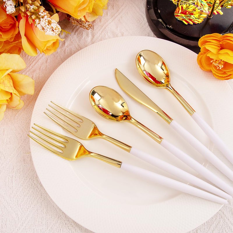 Rubtlamp 96 Pcs Gold Plastic Silverware  Gold Plastic Utensils with White Handle  Cutlery Set Disposable Includes: 32 Knives  32 Plastic Spoons And 32 Forks for Wedding And Party - Image 3