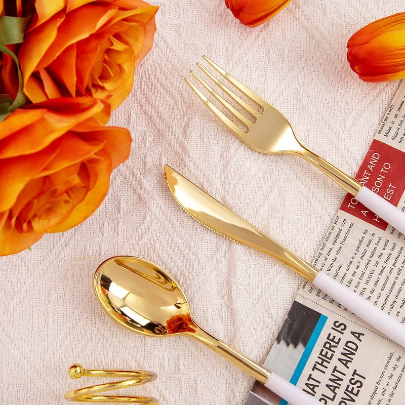 Rubtlamp 96 Pcs Gold Plastic Silverware  Gold Plastic Utensils with White Handle  Cutlery Set Disposable Includes: 32 Knives  32 Plastic Spoons And 32 Forks for Wedding And Party - Image 4