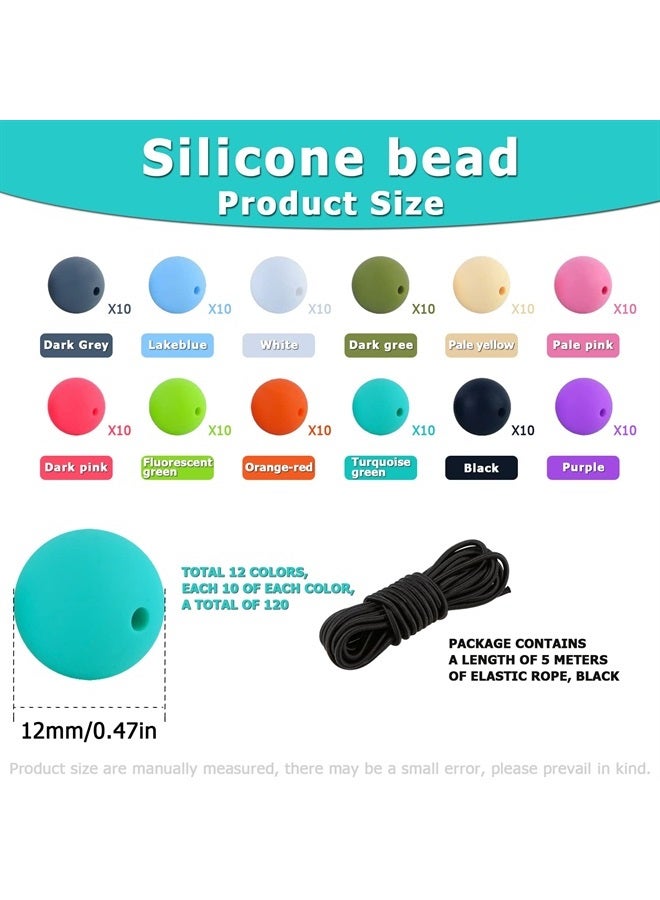 MaehSab 120 Pcs Silicone Round Bead, MaehSab 12mm Silicone Beads Bulk with 5 Meters Elastic Beaded Rope, Silicone Beads Making Kit for Necklace Bracelet Keychain Lanyards Jewelry DIY Crafts Making - Image 1